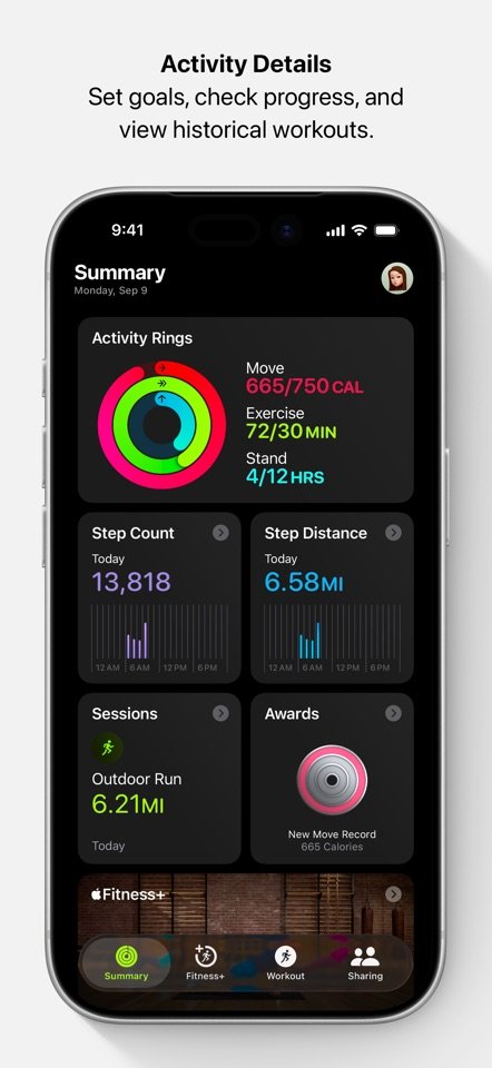 Preview of the Fitness app displaying activity data